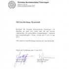 Tackbrev från SNF för myntklubbens engagemang